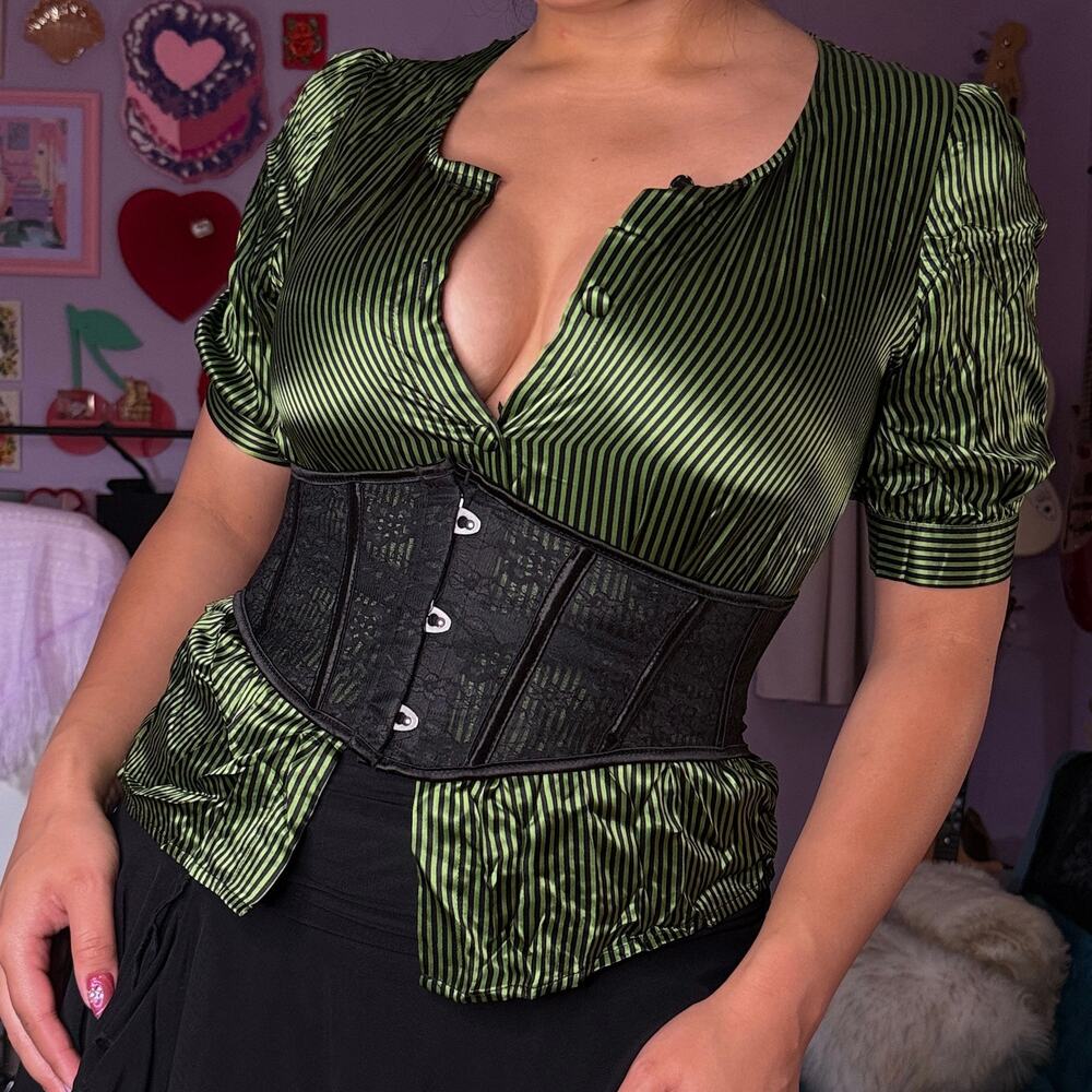 NEW deadstock green and black striped satin blouse